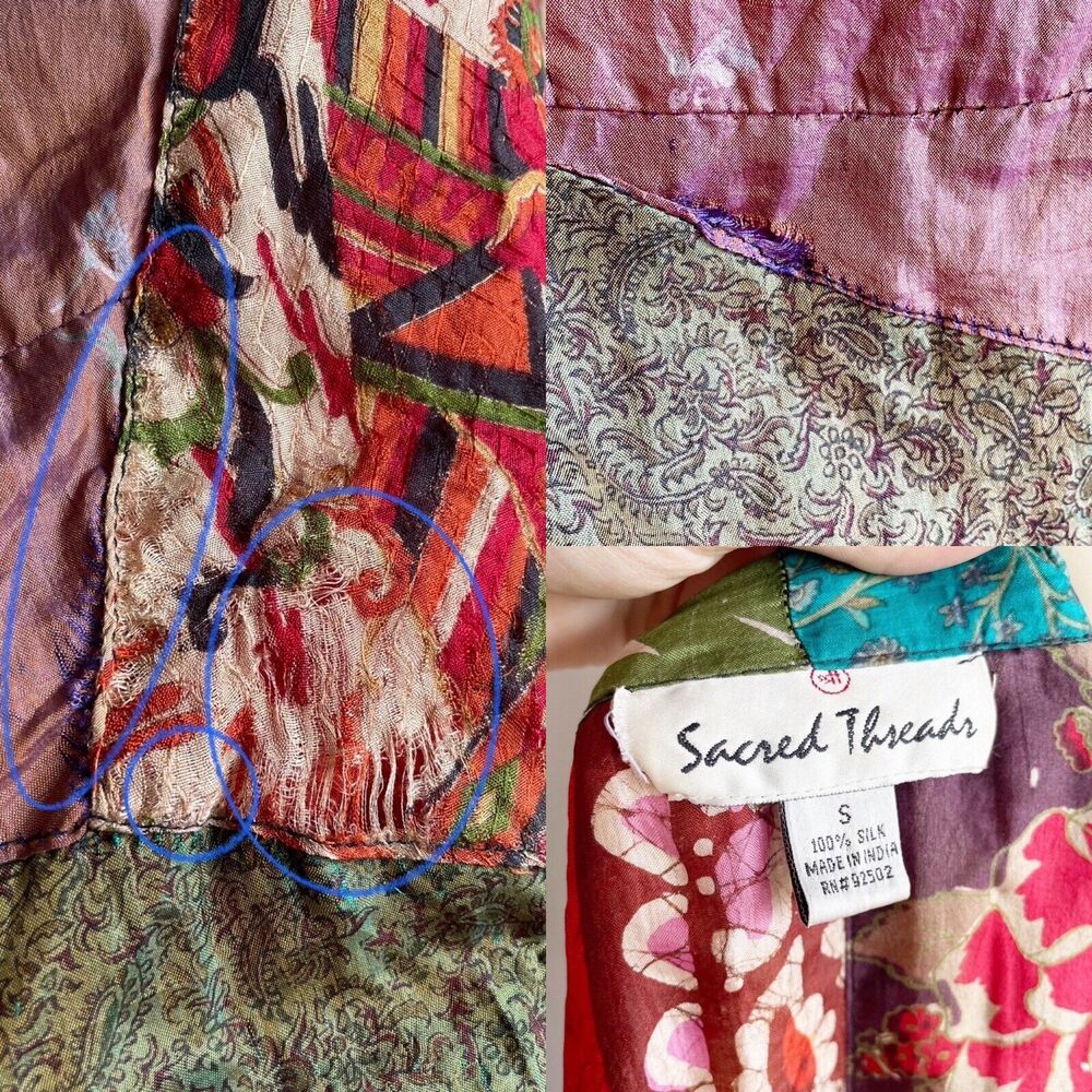 Sacred Threads Silk Kimono Robe Multicolor Patchwork Small - Picture 8 of 16